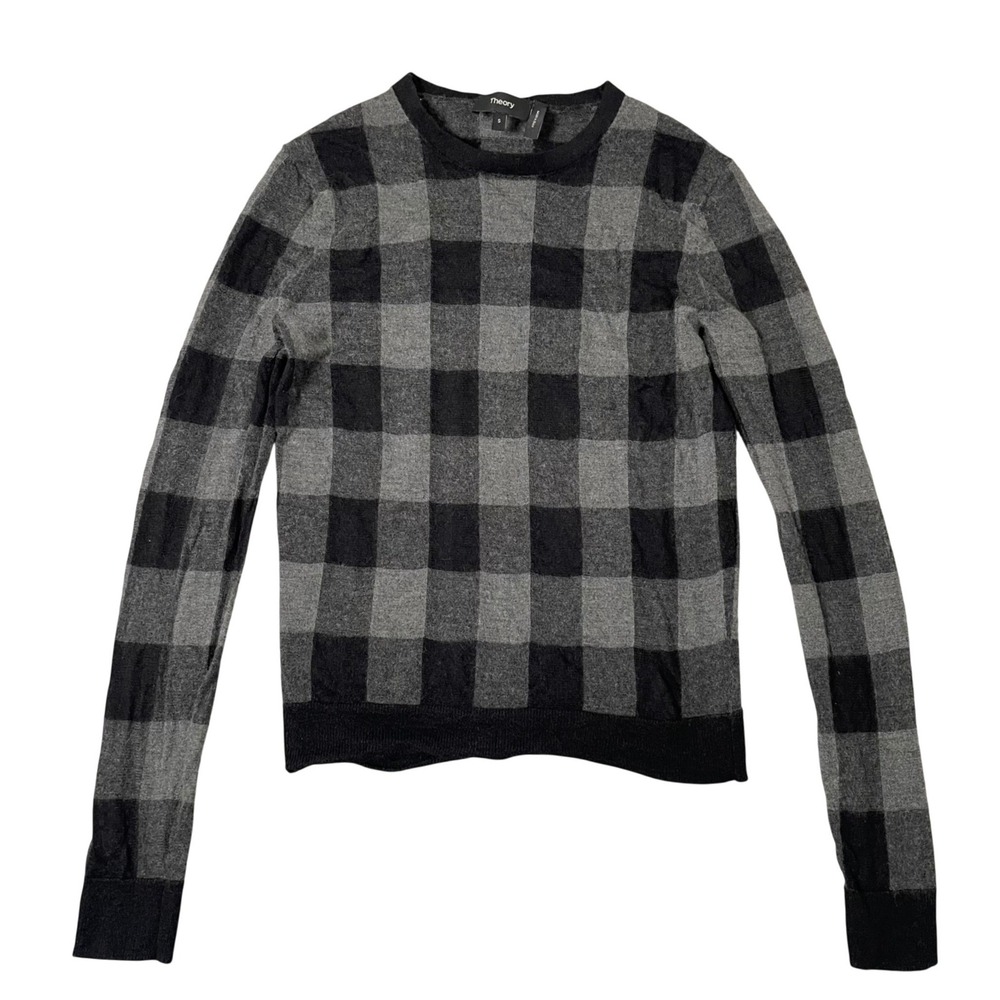 Theory Sweater Womens Silk Cashmere Wool Plaid Crew Grey Black Small Lightweight